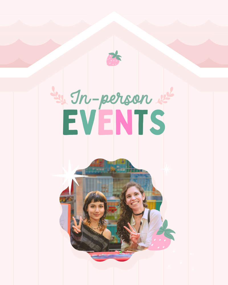 Promotional graphic for in-person events with two women making peace signs, set against a pink background with decorative elements.