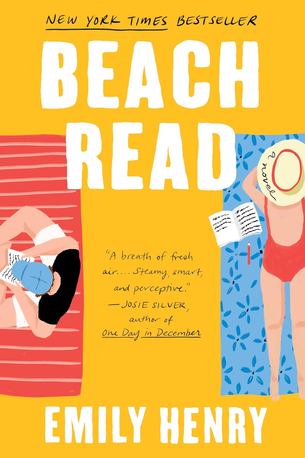 Book cover of 'Beach Read' by Emily Henry with two people reading on a yellow background.