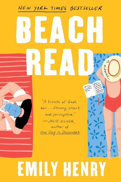 Book cover of 'Beach Read' by Emily Henry with two people reading on a yellow background.