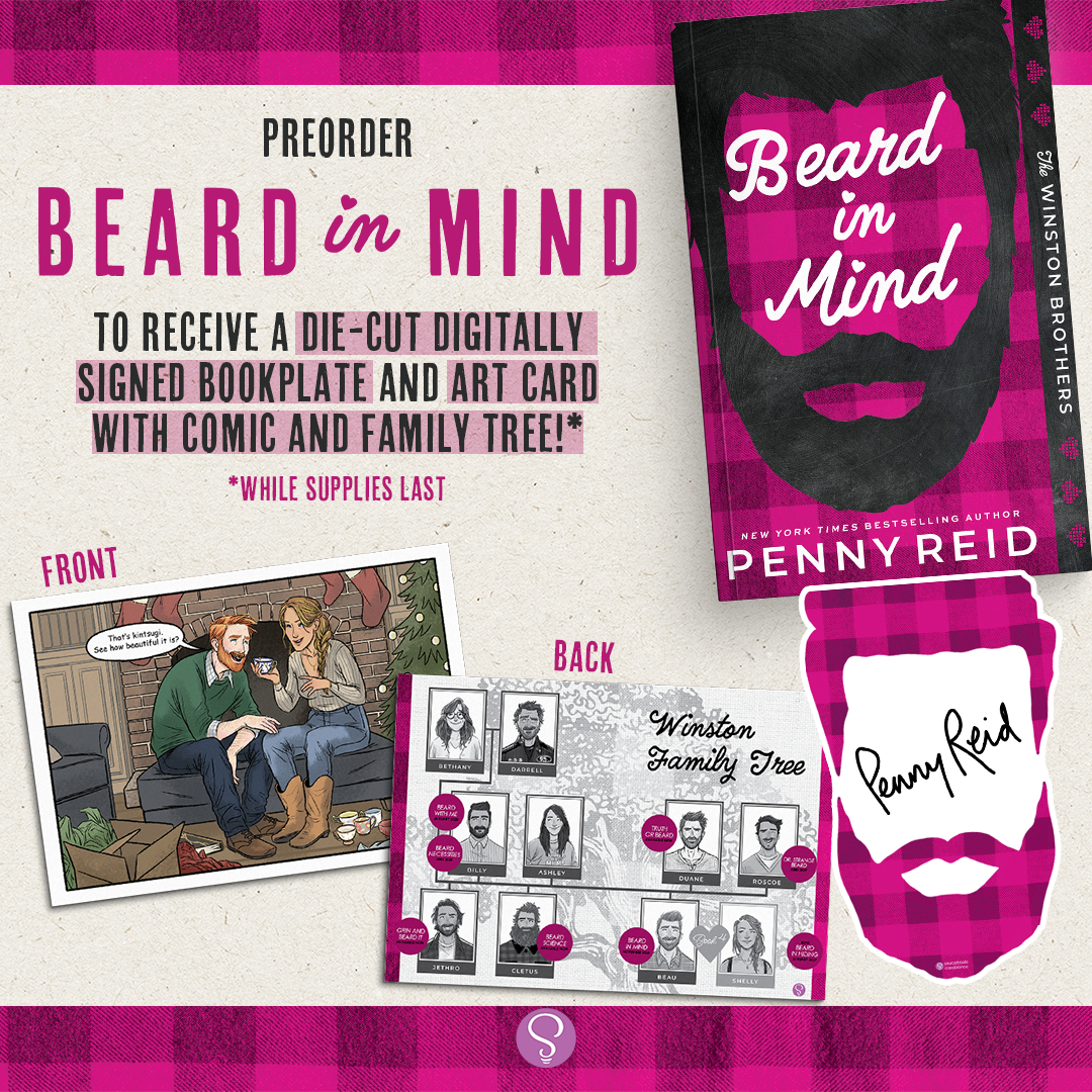 Promotional graphic for the book 'Beard in Mind' by Penny Reid, showing the front and back of a die-cut bookplate, a comic-style family tree illustration, and a pink-and-black plaid beard logo on a cream background with pink border accents.