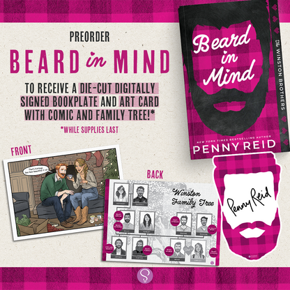 Promotional graphic for the book 'Beard in Mind' by Penny Reid, showing the front and back of a die-cut bookplate, a comic-style family tree illustration, and a pink-and-black plaid beard logo on a cream background with pink border accents.