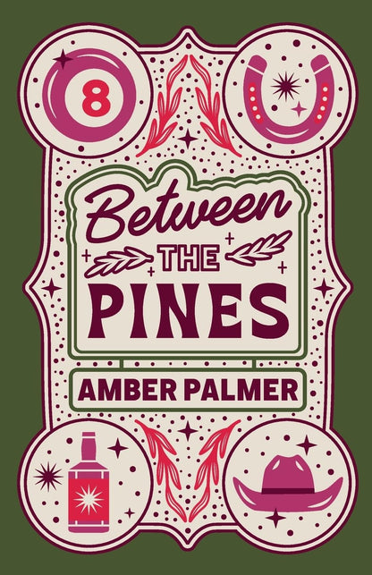 Book cover of '8 Between the Pines' by Amber Palmer with decorative elements on a green background.