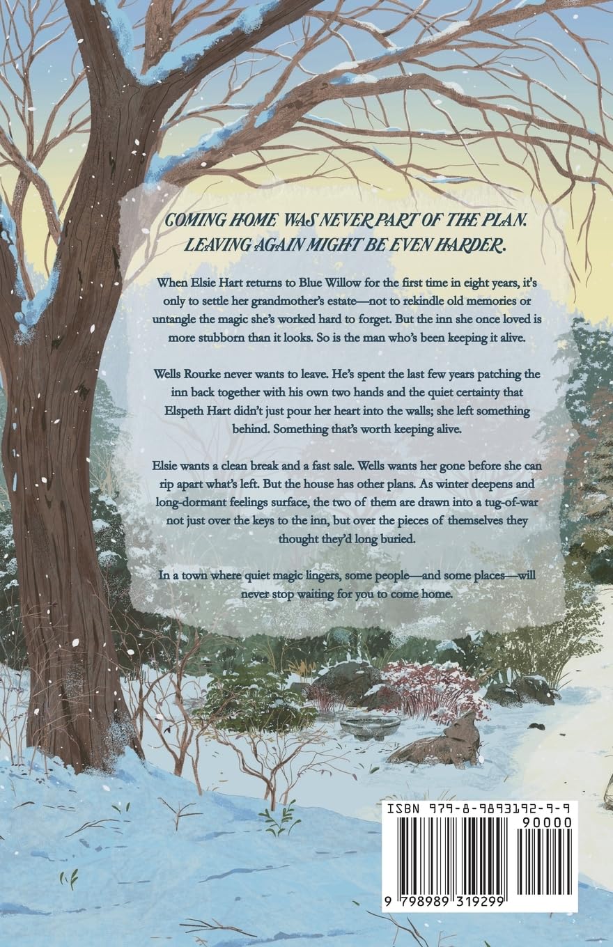 Back cover of a book with a snowy landscape and text, featuring a deer and a tree.