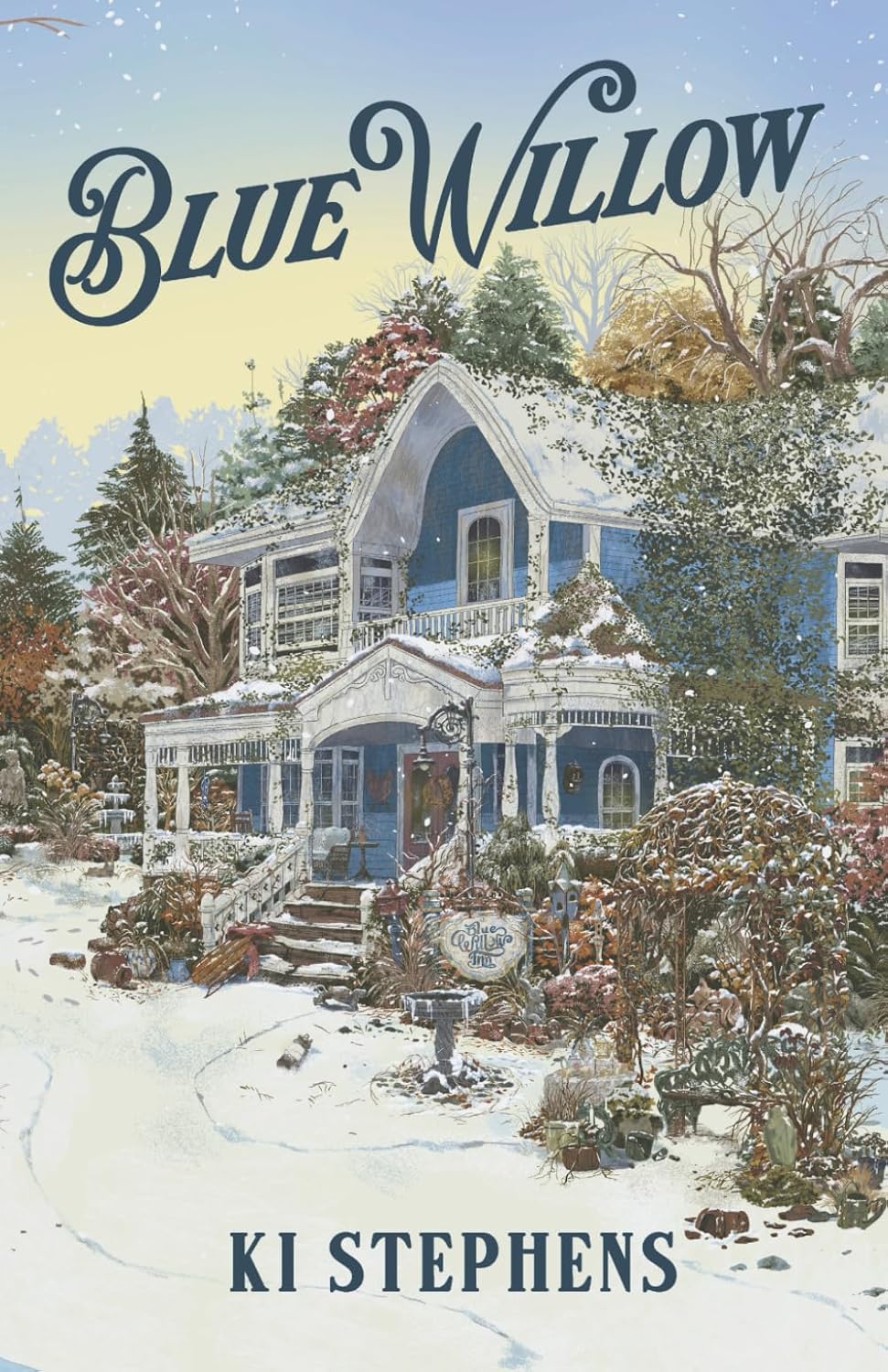 Book cover of 'Blue Willow' by KI Stephens featuring a snowy scene with a house and trees.