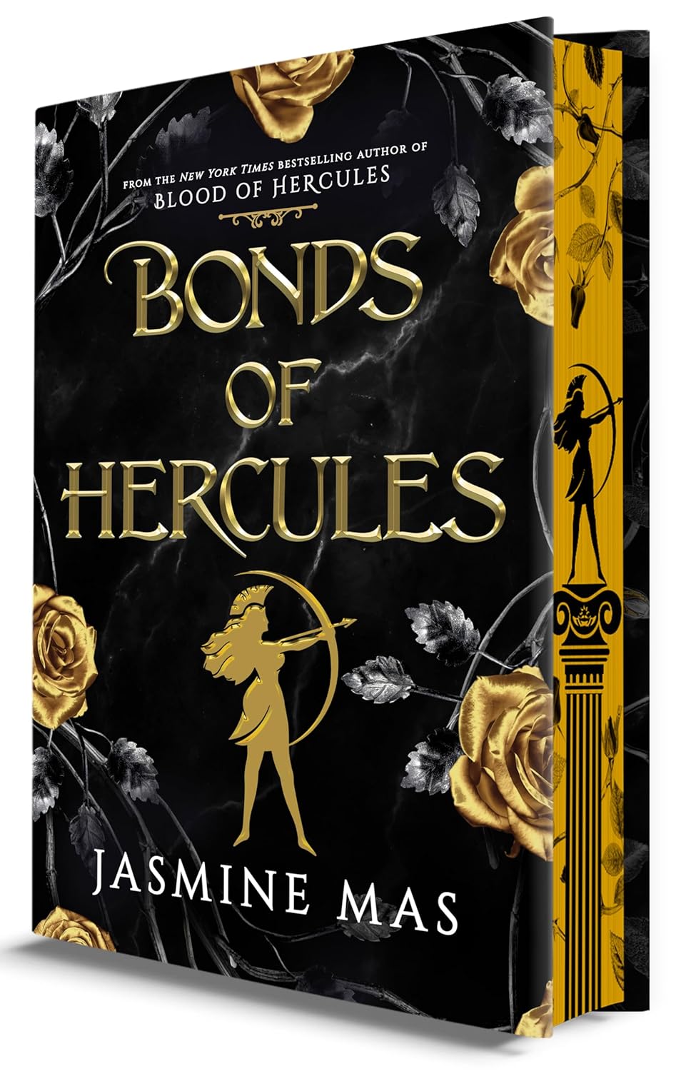 Book cover of 'Bonds of Hercules' by Jasmine Mas with gold text and silhouette on a black background.
