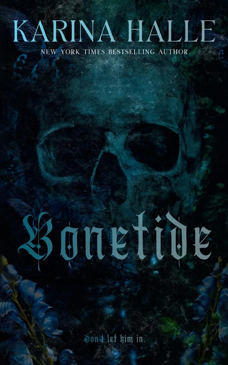 Book cover for 'Bonetide' by Karina Halle, featuring a dark, moody design with a blue-toned skull, gothic lettering, and a distressed textured background.