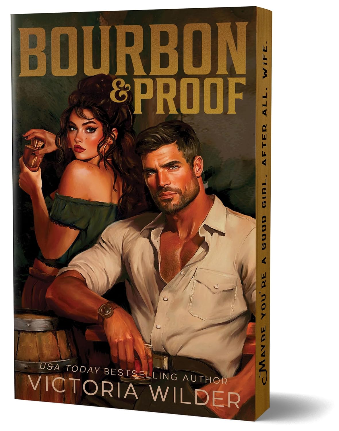 Book cover of 'Bourbon & Proof' featuring a man and woman with a bottle of bourbon.