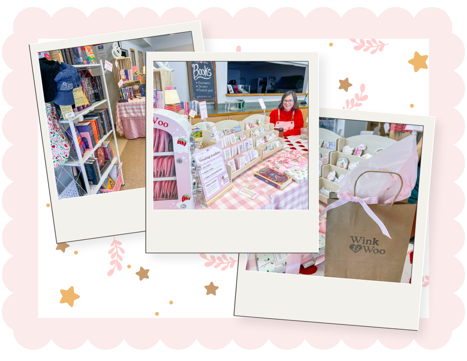 Collage of images from a store with a pink border and star decorations.