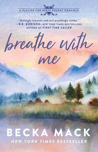 Book cover of 'Breathe with Me' by Becka Mack with a scenic landscape illustration.