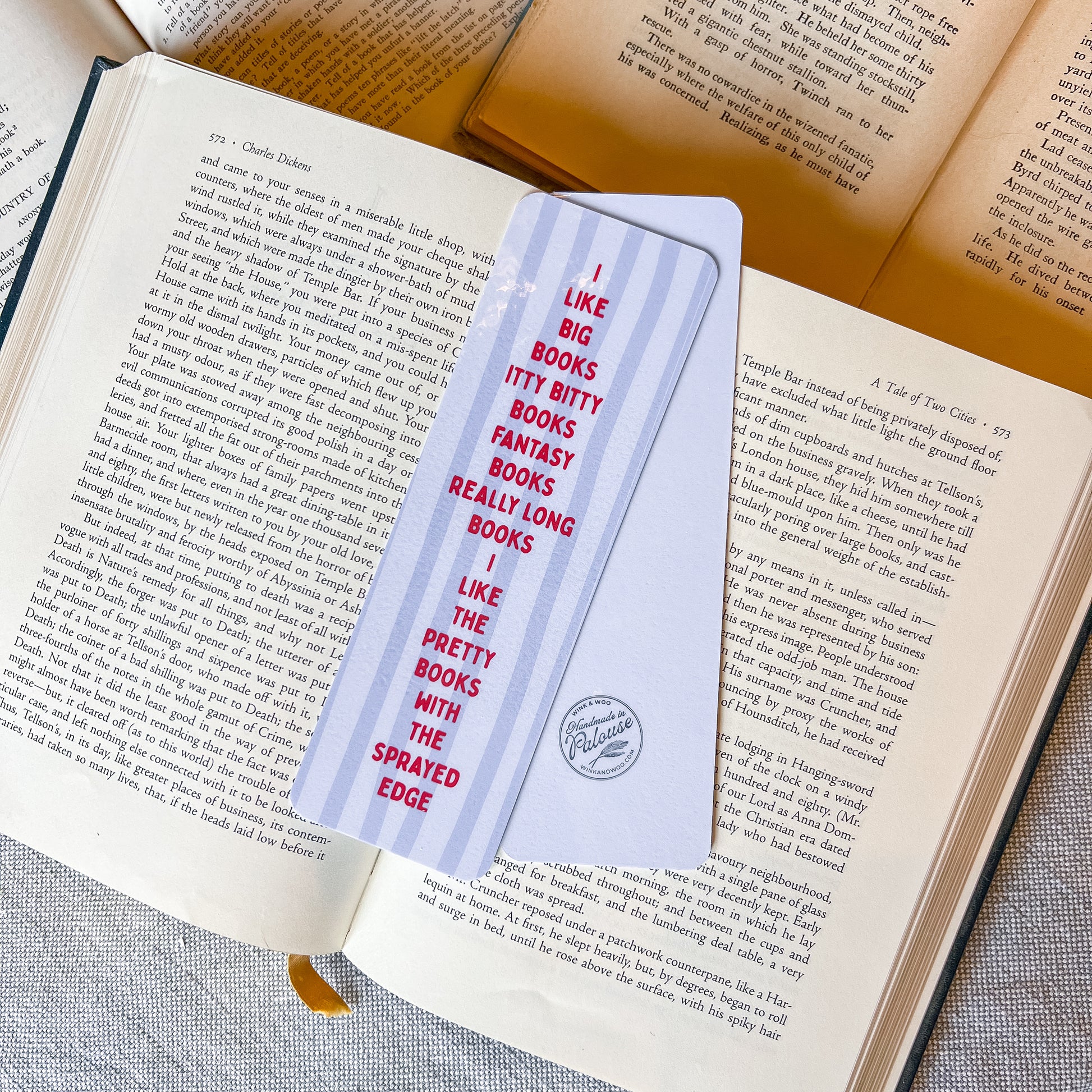 Bookmarks with humorous text on an open book