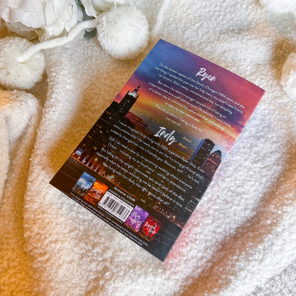 Book back cover with cityscape design on a textured surface
