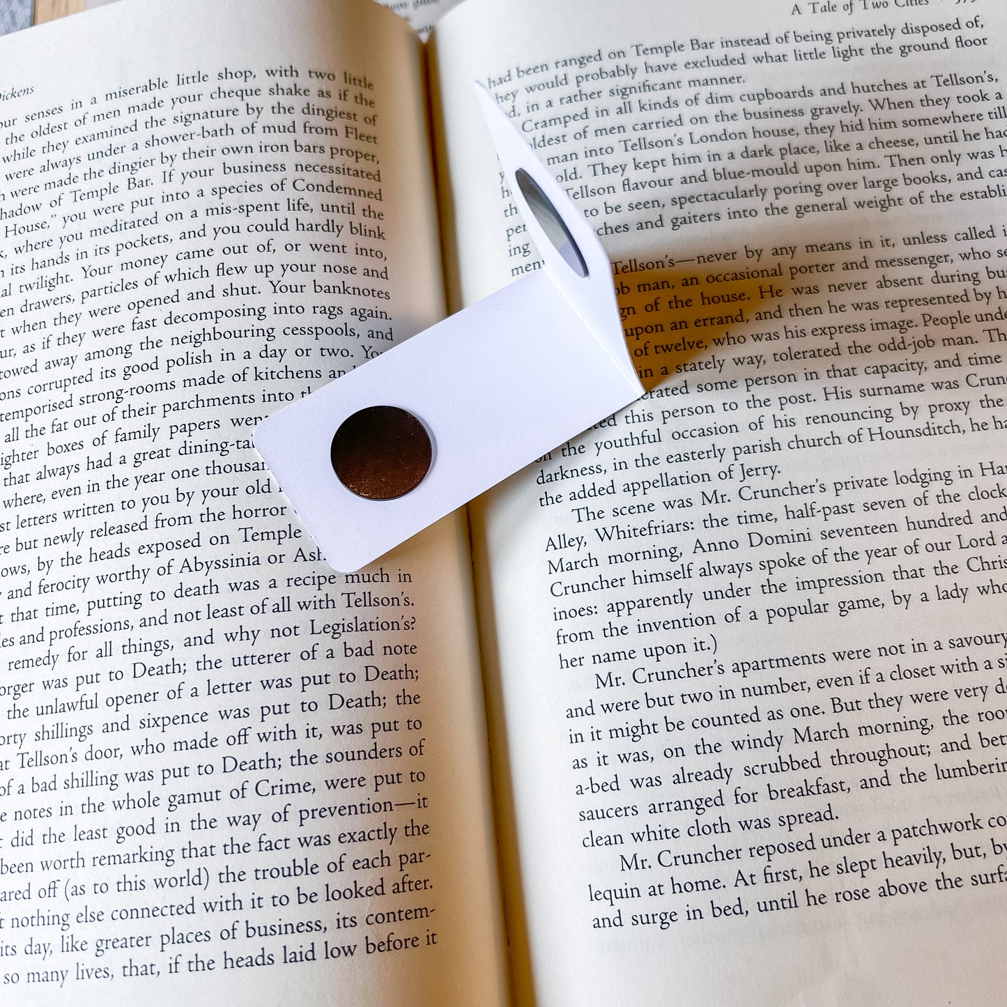 Magnetic bookmark open on a book