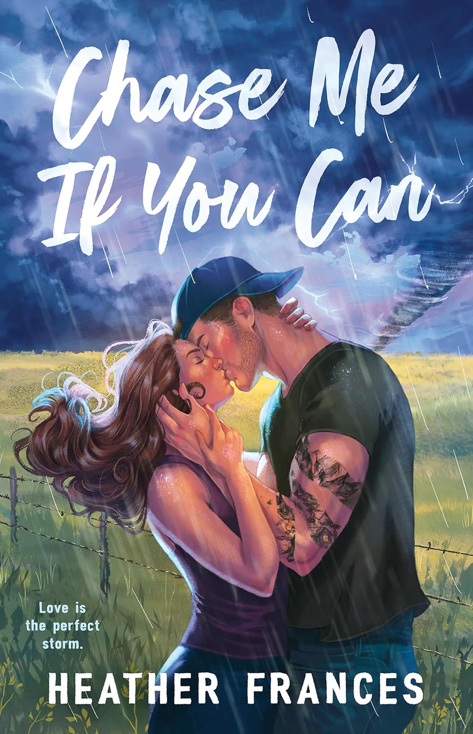 Book cover of 'Chase Me If You Can' by Heather Frances with a couple embracing under a stormy sky.