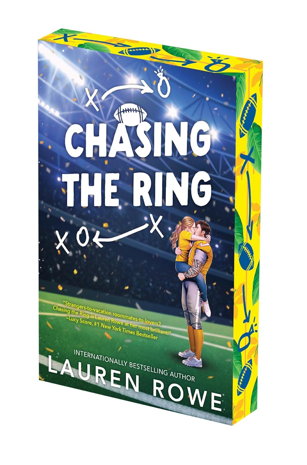 Book cover of Chasing the Ring by Lauren Rowe showing a football player holding a woman