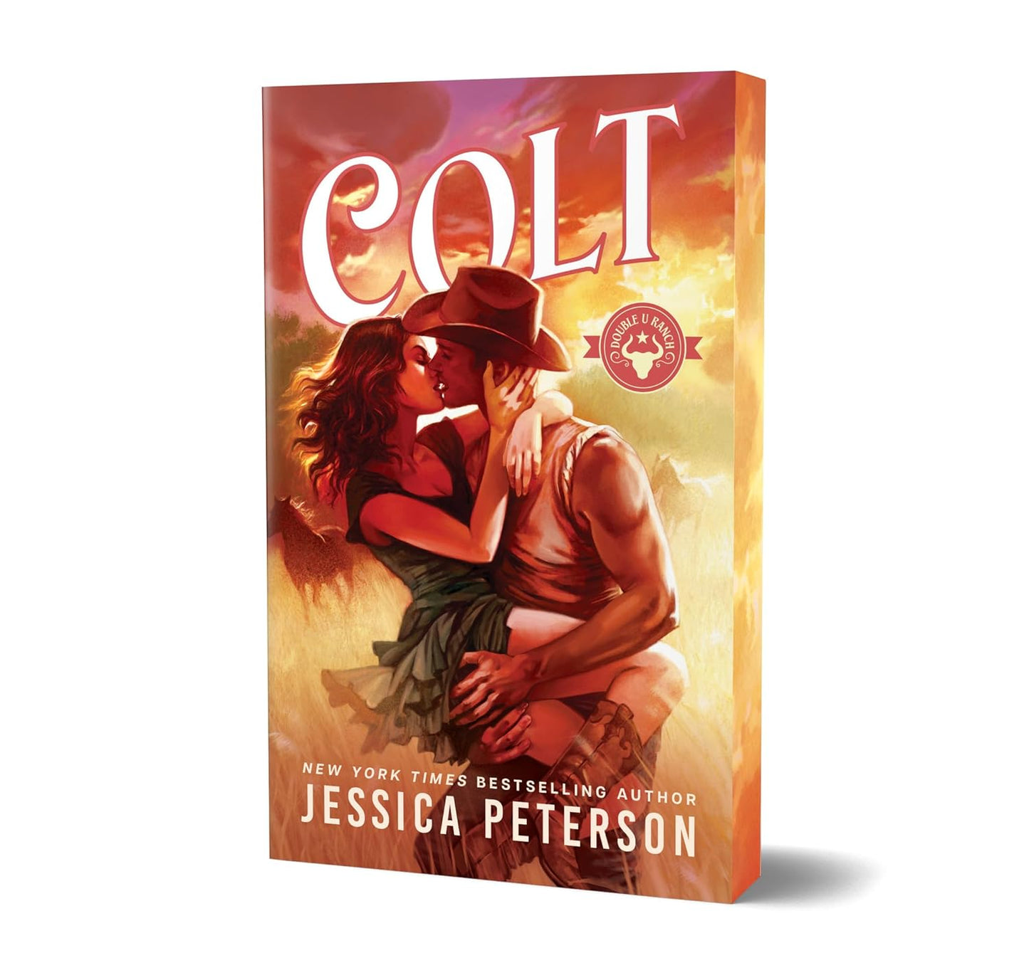 Book cover of 'Colt' by Jessica Peterson with a couple embracing against a sunset sky.