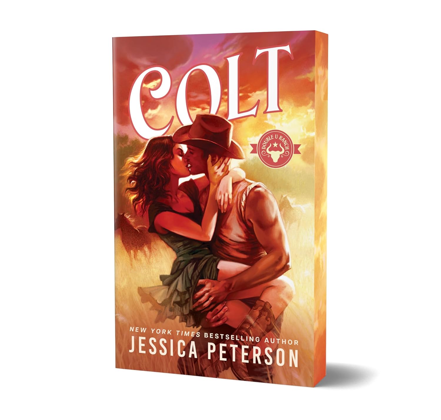 Book cover of 'Colt' by Jessica Peterson with a couple embracing against a sunset sky.