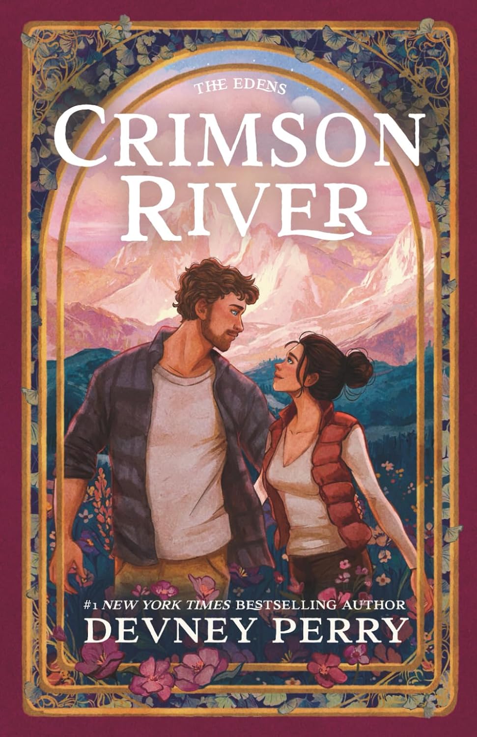 Book cover of 'Crimson River' by Devney Perry with a couple in a mountainous landscape.