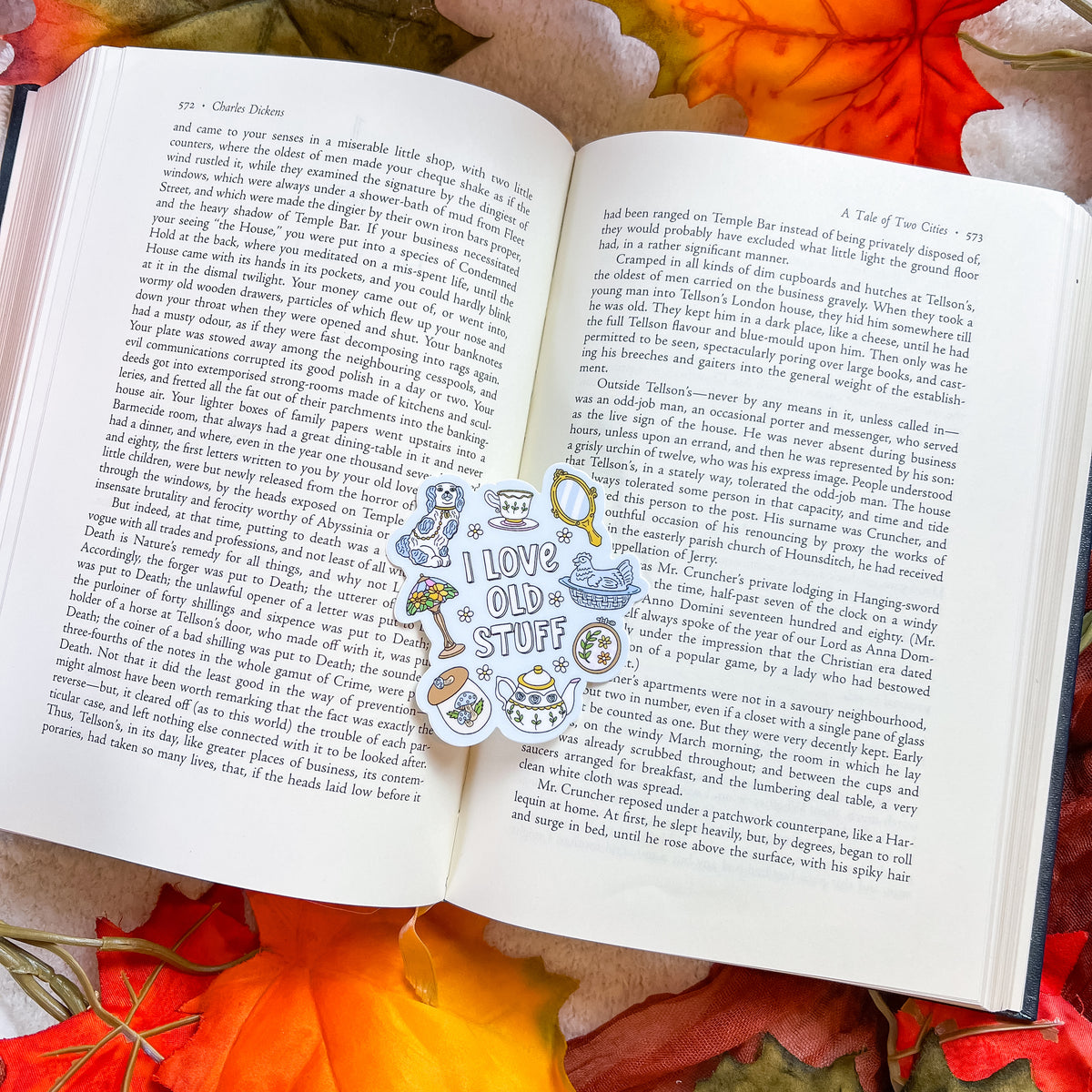 A die-cut sticker sheet featuring vintage-style illustrations and text, including a cat wearing sunglasses and the phrase 'I LOVE OLD STUFF', displayed on the pages of an open book with autumn leaves in the background.
