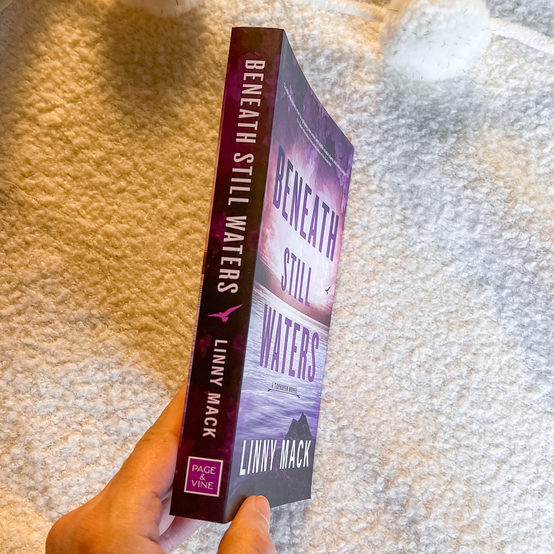 Book titled 'Beneath Still Waters' by Linny Mack held against a textured surface.