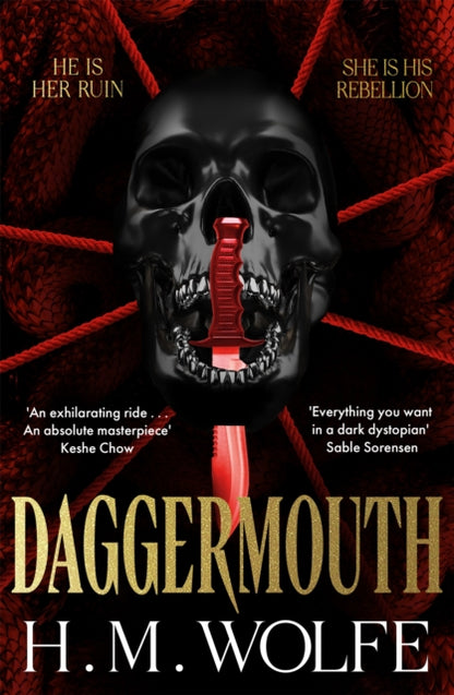 Book cover of 'Daggermouth' by H.M. Wolfe with a skull and red light design.