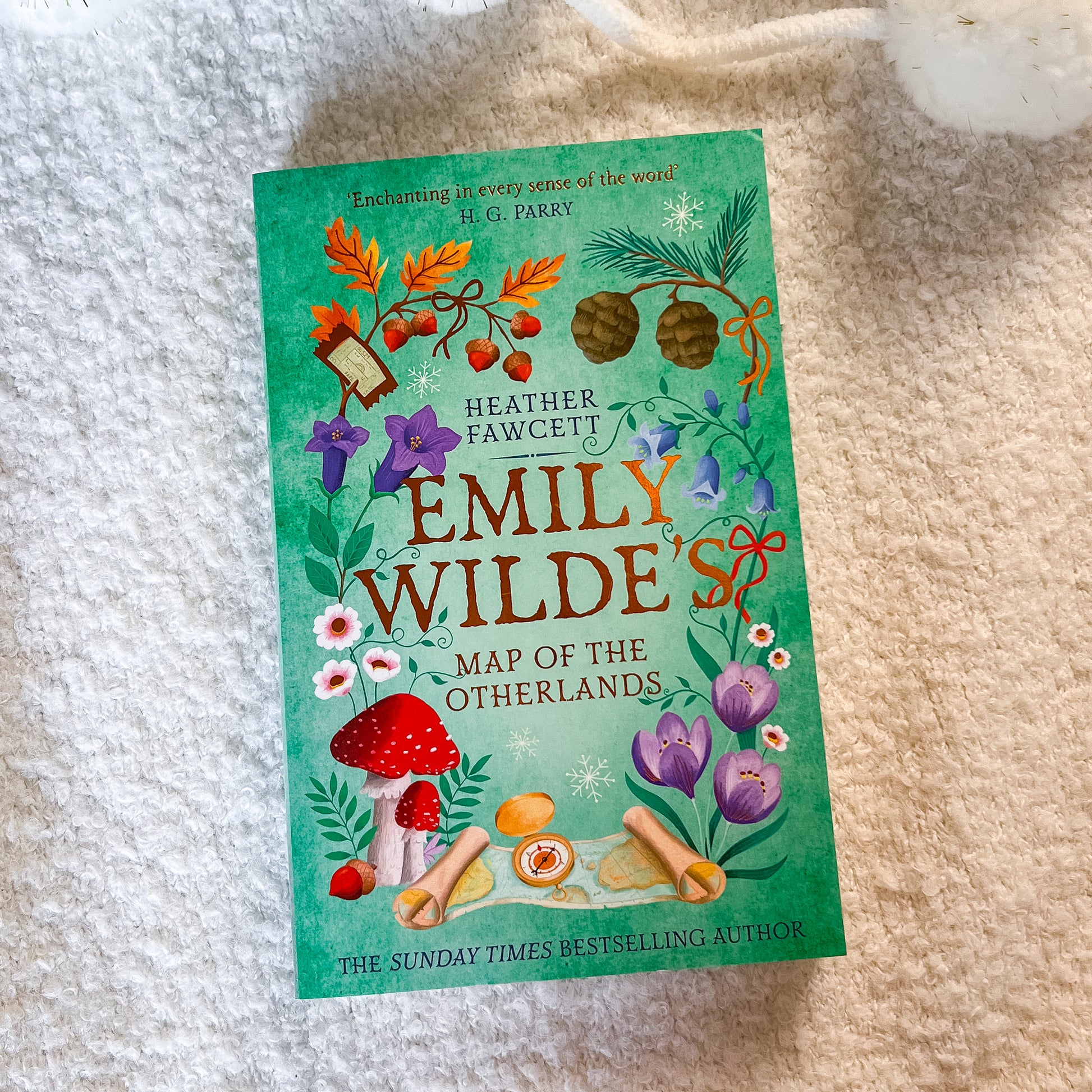 Book cover of 'Emily Wilde's Map of the Otherlands' by Heather Fawcett on a textured surface.
