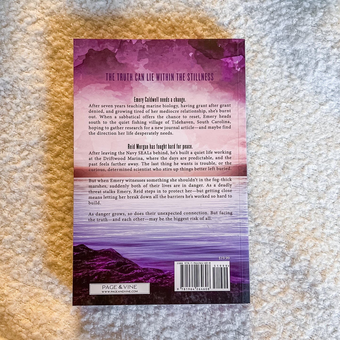 Book back cover with text and a mountain scene on a textured surface
