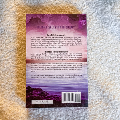 Book back cover with text and a mountain scene on a textured surface