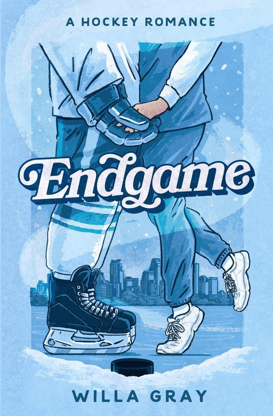 Book cover of 'Endgame' by Willa Gray featuring two hockey players on an ice rink with a city skyline in the background.