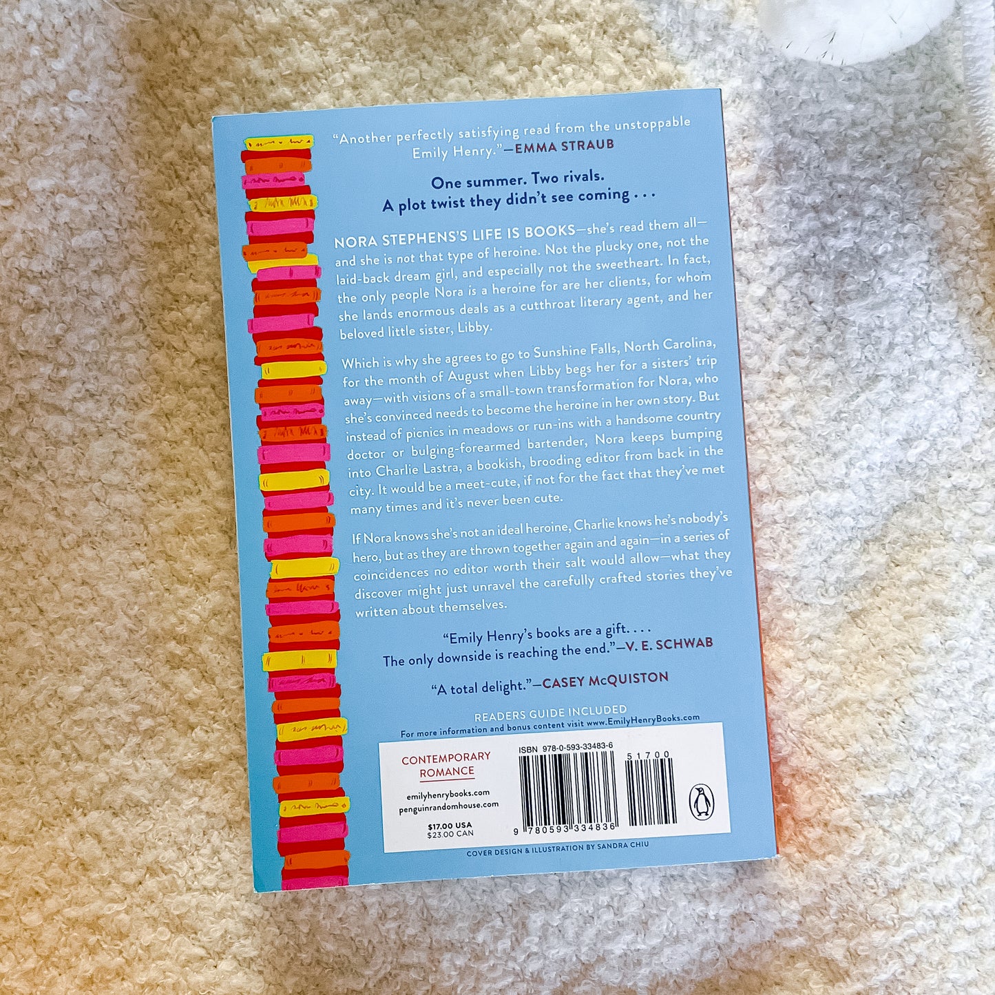 Book back cover with colorful design on a textured surface