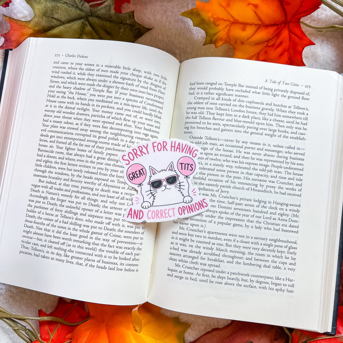 An open book spread with printed text, photographed from above on a surface with autumn leaves. A die-cut sticker on the pages features a cartoon cat wearing sunglasses and the text 'SORRY FOR HAVING GREAT TITS AND CORRECT OPINIONS'.