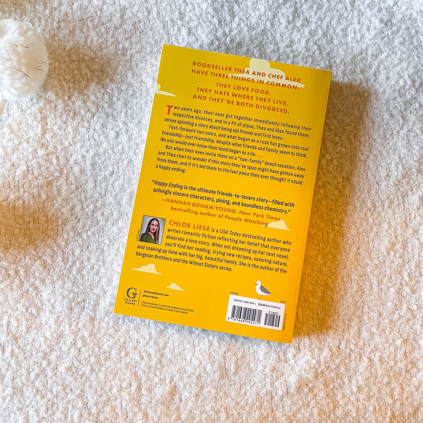 the back of Happy Ending book by Chloe Liese on a light textured background