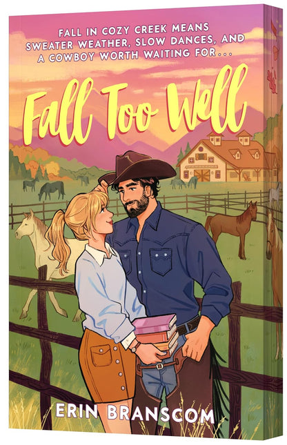Book cover of 'Fall Too Well' by Erin Branscom with a cowboy and cowgirl illustration.