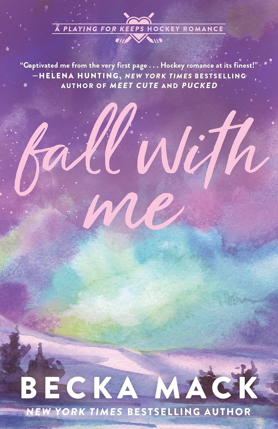 Book cover of 'Fall with Me' by Becka Mack with a colorful landscape and text.