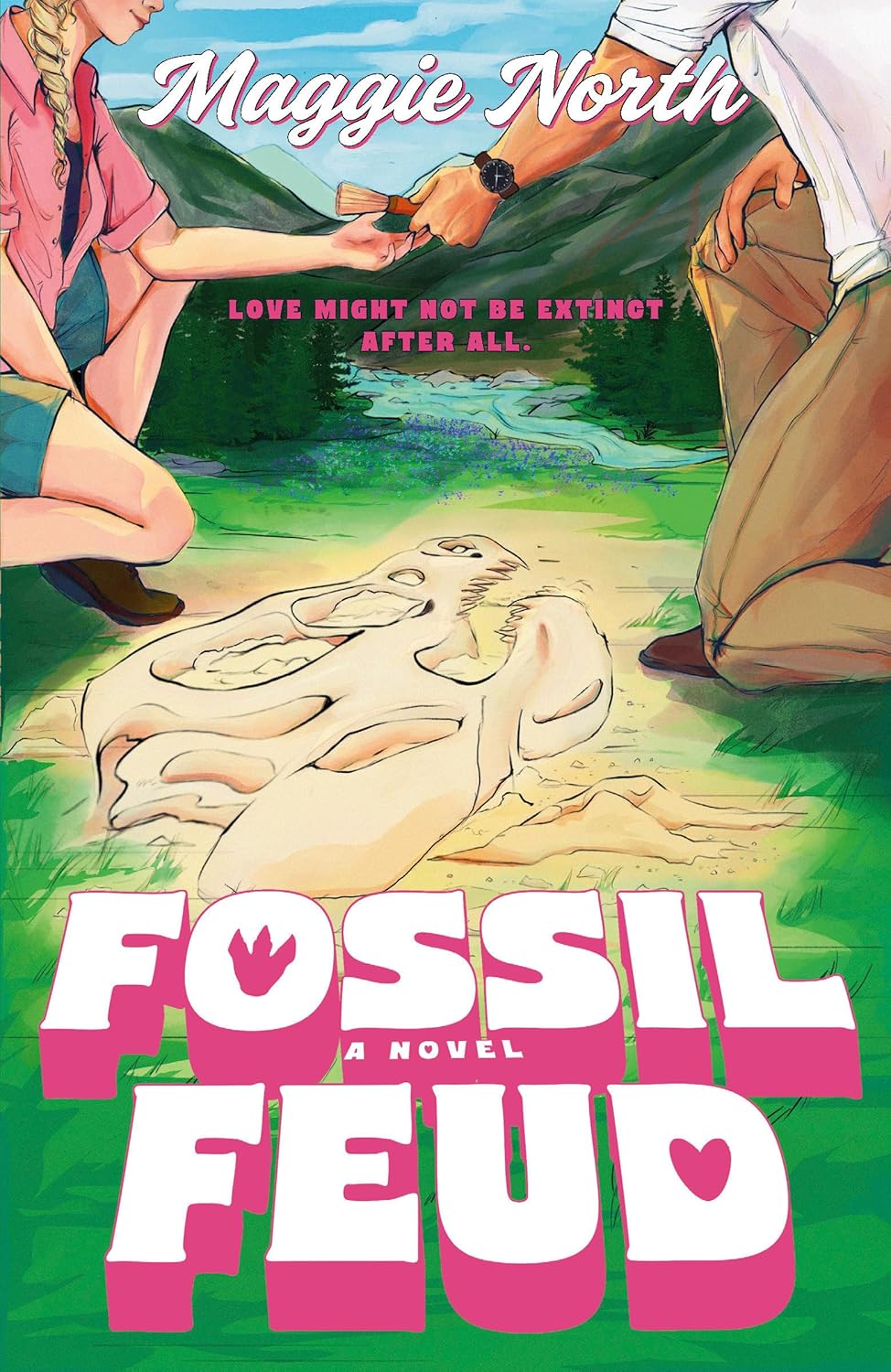 Book cover of 'Fossil Feud' by Maggie North featuring two people holding hands over a fossilized bone