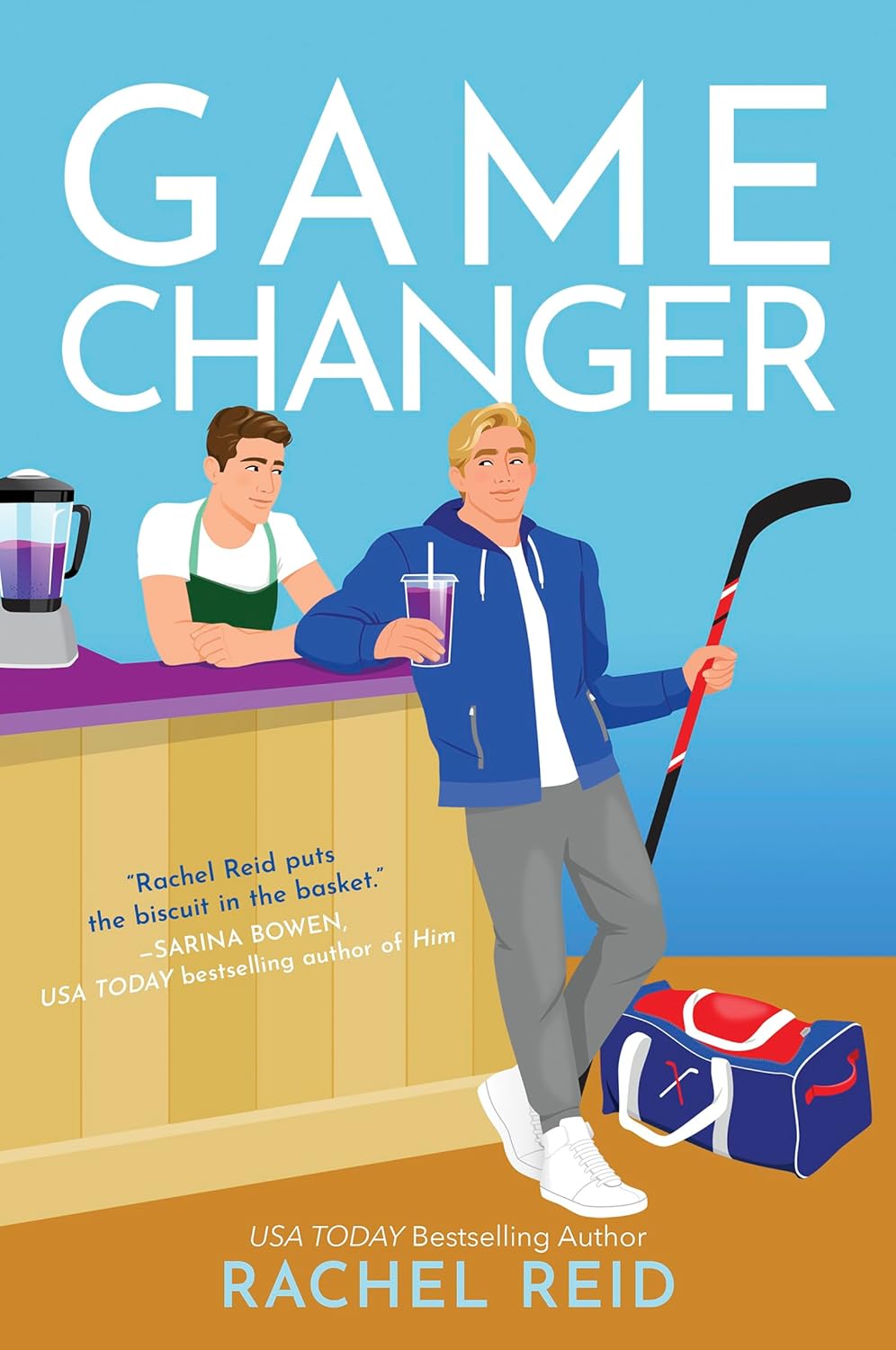 Book cover of 'Game Changer' with two characters and a hockey stick.