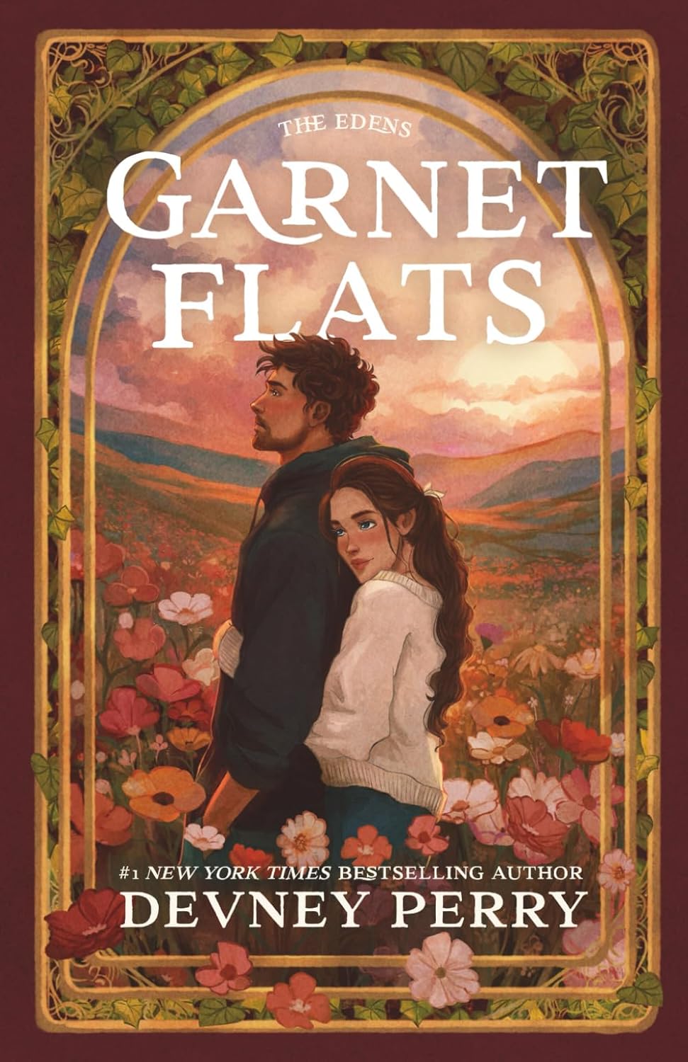 Book cover of 'The Eden's Garnet Flats' with a couple in a field and Devney Perry's name.