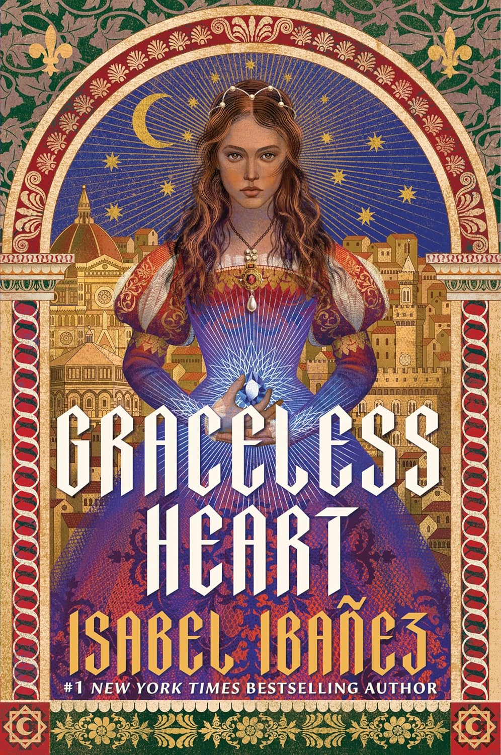 Book cover of 'Graceless Heart' by Isabel Ibañez with a decorative border and illustration of a woman.