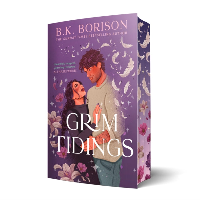 The cover of "Grim Tidings" by BK Borison showing a couple embracing with flowers and feathers around them