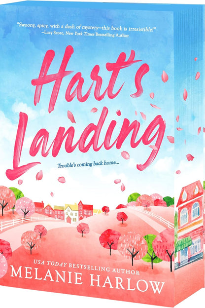 Book cover of 'Hart's Landing' by Melanie Harlow with a pink and blue color scheme.