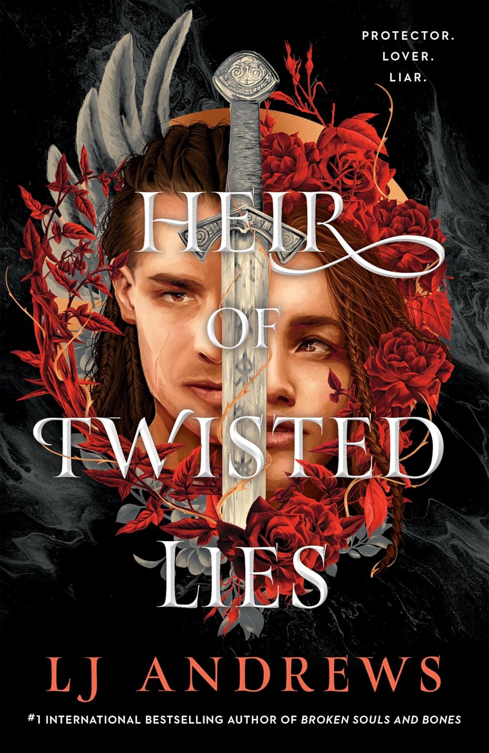 Book cover of 'Heir of Twisted Lies' with a sword and faces surrounded by roses.