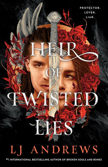 Book cover of 'Heir of Twisted Lies' with a sword and faces surrounded by roses.
