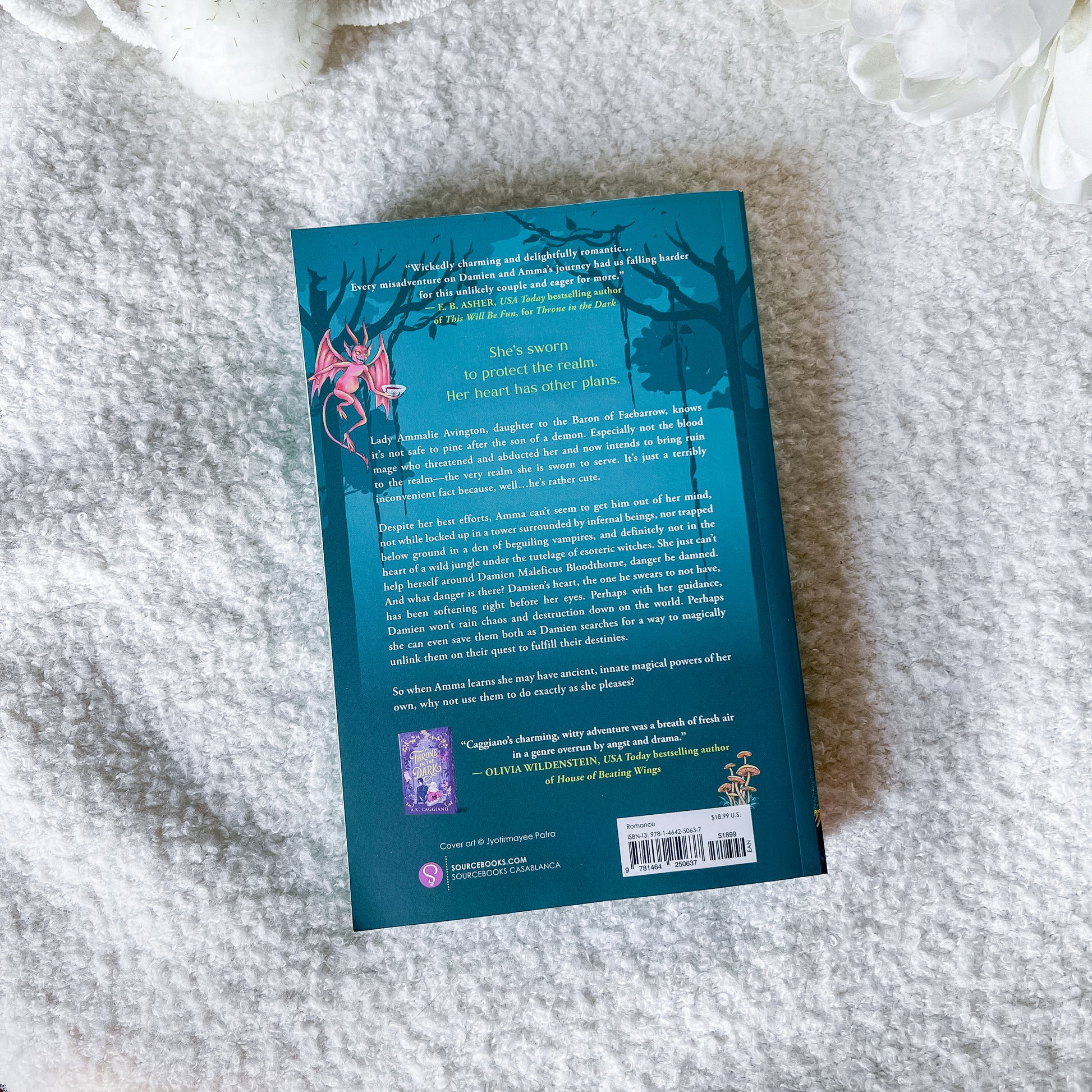 The back cover of the book, featuring a teal background with black tree silhouettes, a pink dragon illustration, and white text, photographed flat on a white textured fabric.