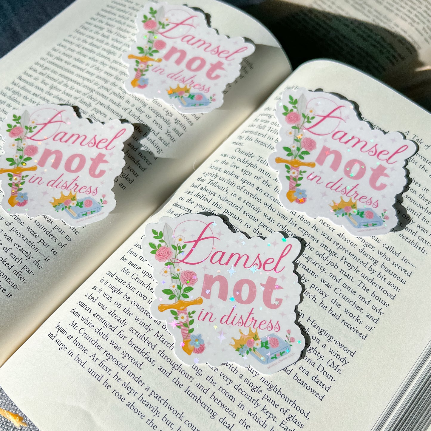 Bookmarks with 'I am sel not in distress' text on an open book