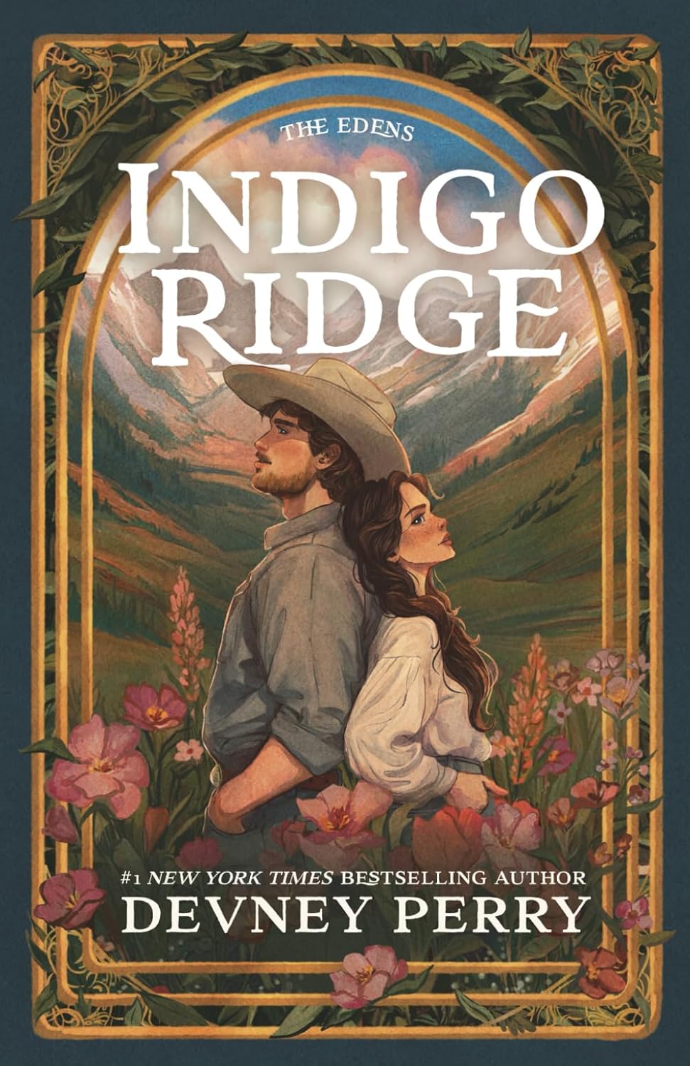 Book cover of 'Indigo Ridge' by Devney Perry featuring a couple in a mountainous landscape.