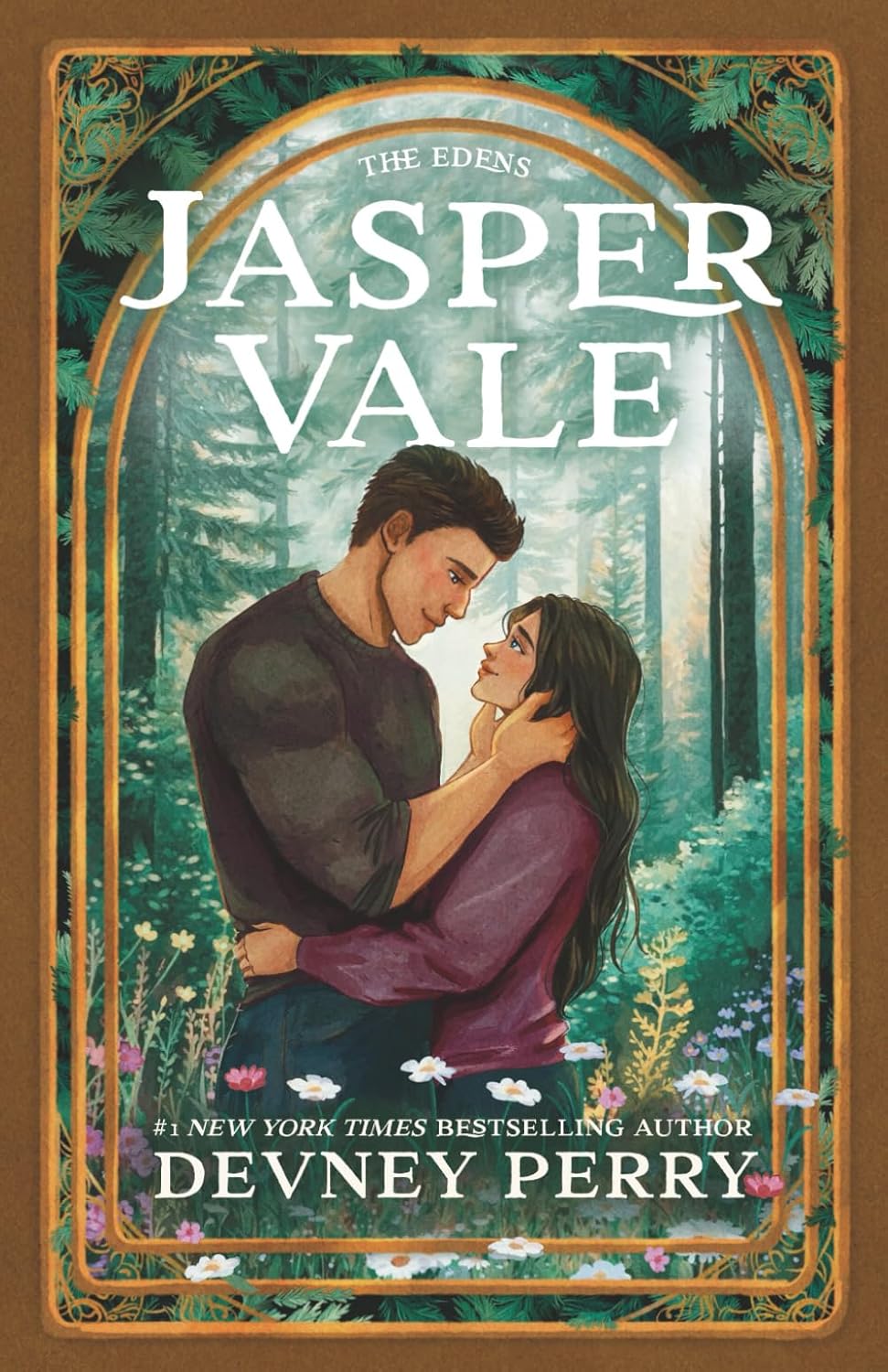 Book cover of 'The Eden's Jasper Vale' by Devney Perry featuring a couple embracing in a forest.