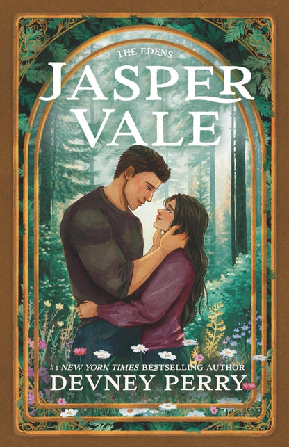 Book cover of 'The Eden's Jasper Vale' by Devney Perry featuring a couple embracing in a forest.