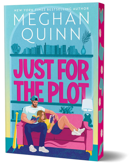 Book cover of 'Just for the Plot' by Meghan Quinn with a colorful illustration of two people on a couch.