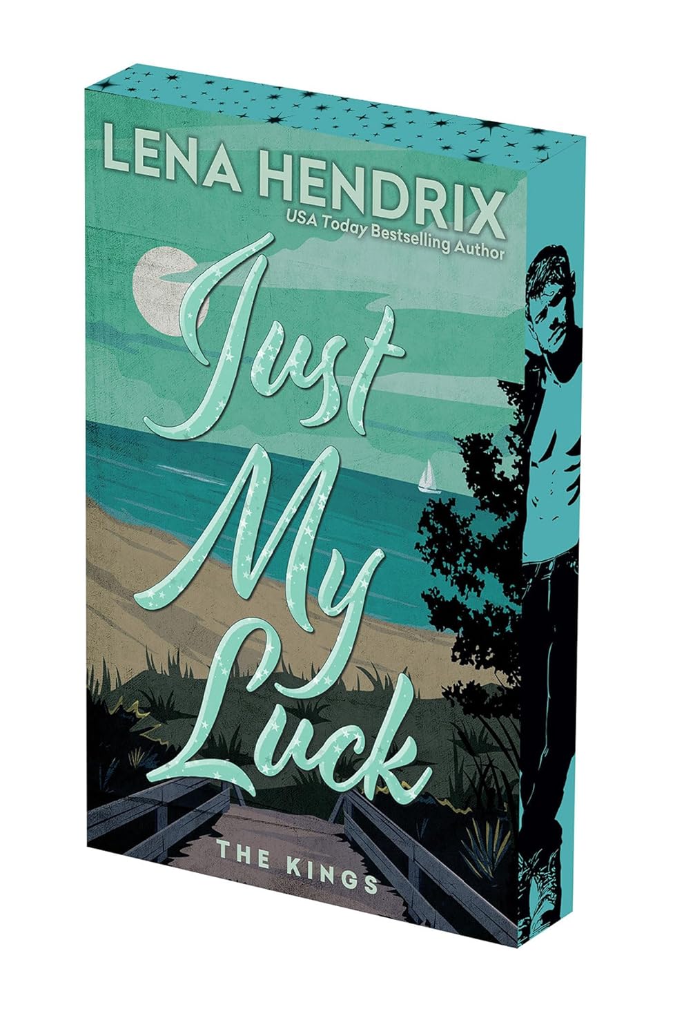 Book cover of 'Just My Luck' by Lena Hendrix with a scenic design and character silhouette.
