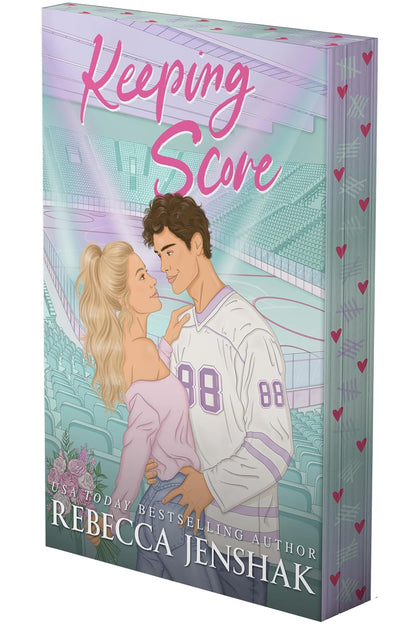 Book titled 'Keeping Score' by Rebecca Jenshak with a pink cover and illustration of two people embracing.