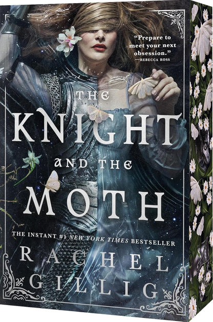 Book cover of 'The Knight and the Moth' by Rachel Gillig with a woman's face partially obscured by flowers.